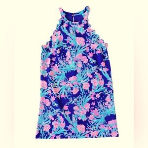 Lilly Pulitzer Pink & Blue Floral Scalloped Halter Dress sz XL